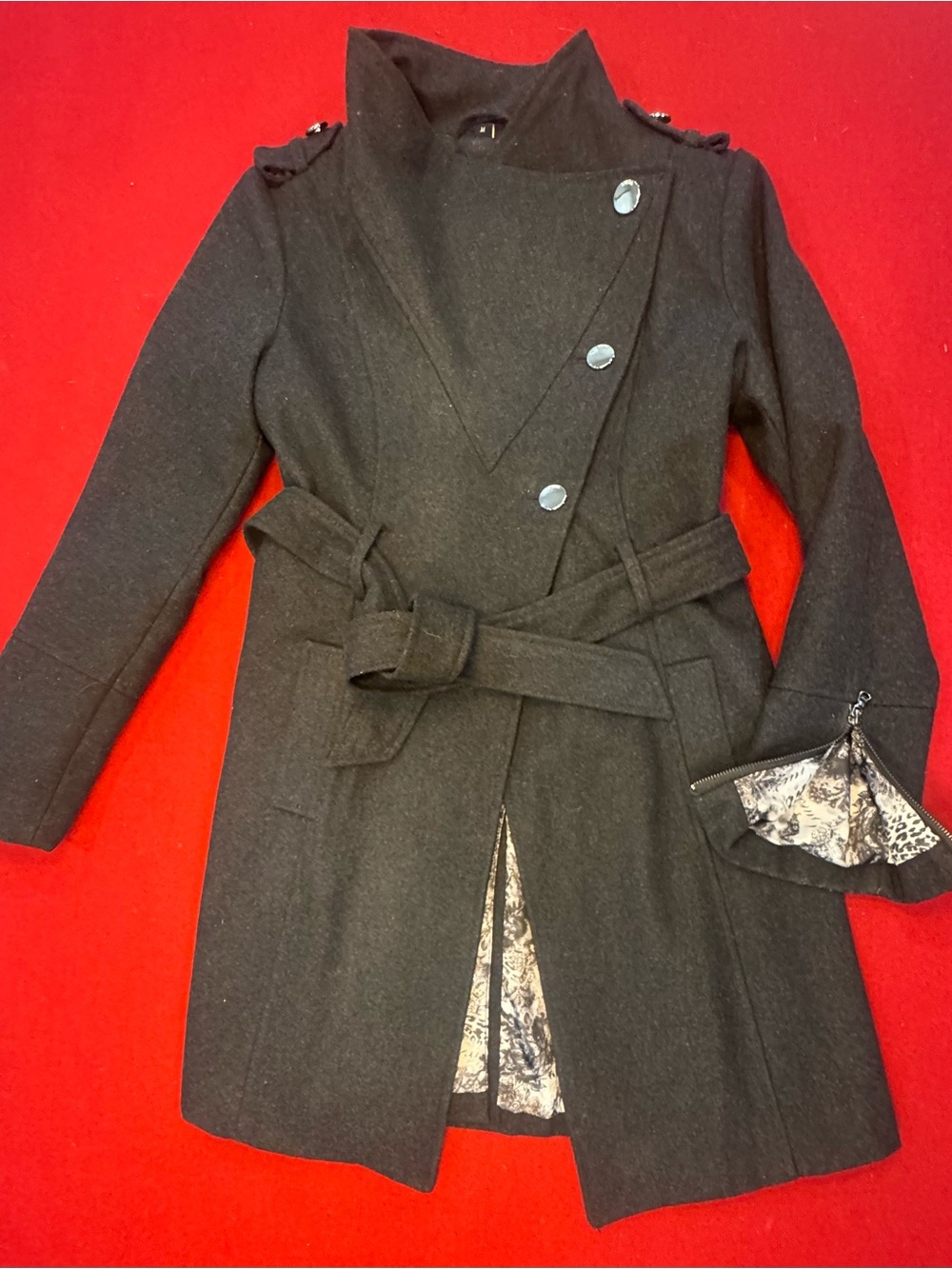 GUESS Womens Black Belted Wool-Blend Coat - Classic Double-Breasted Style Size M